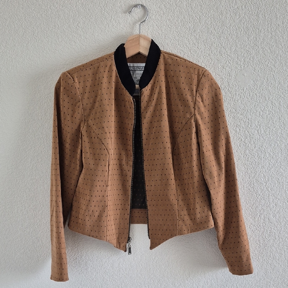 Jessica Howard Perforated Tan Bomber Jacket with Black Trim Petite Size 6
